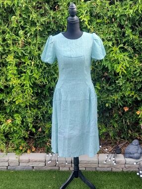 Light Green Puff Sleeve 50s Vibe Romantic Crinkle Dress